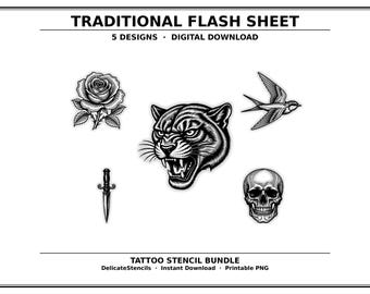 Traditional Flash Sheet — 5 Designs — Digital Download Tattoo Stencil Bundle