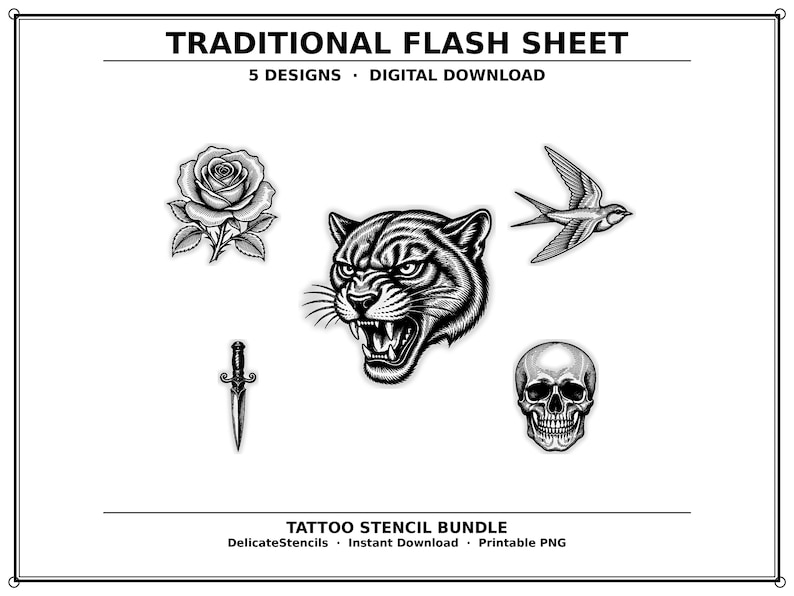 black and grey tattoo stencil, digital download, transparent PNG.