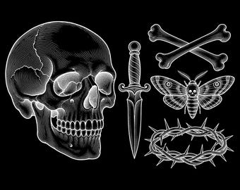 Dark Flash Tattoo Stencil Bundle — Skull Raven Spider Scorpion Bones — 5 Printable PNGs