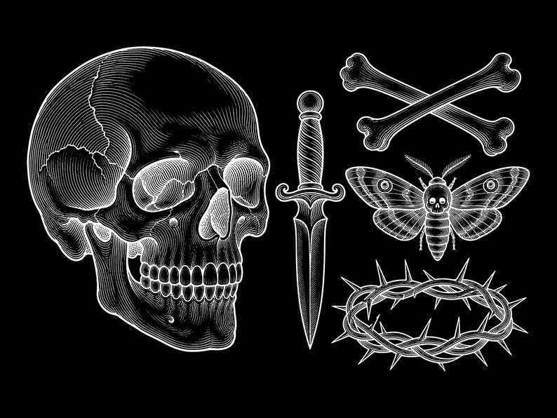 black and grey tattoo stencil, digital download, transparent PNG.