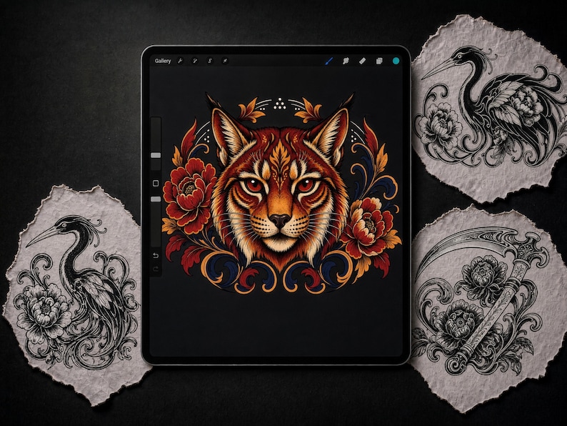 black and grey tattoo stencil, digital download, transparent PNG.