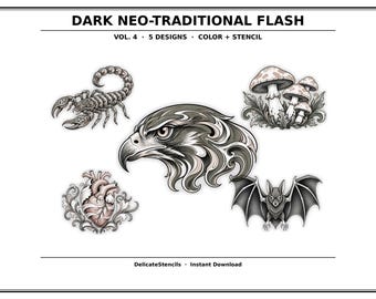 Dark Neo-Traditional Flash Sheet Vol. 4 — 5 Designs — Color + Stencil Bundle