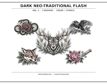Dark Neo-Traditional Flash Sheet Vol. 2 — 5 Designs — Color + Stencil Bundle