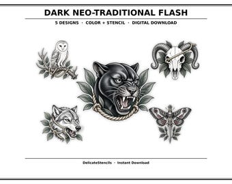 Dark Neo-Traditional Flash Sheet — 5 Designs — Color + Stencil Bundle