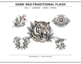 Dark Neo-Traditional Flash Sheet Vol. 3 — 5 Designs — Color + Stencil Bundle