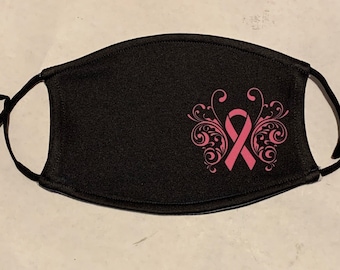 Breast Cancer Pink Ribbon on Black Face Mask with Filter Pocket