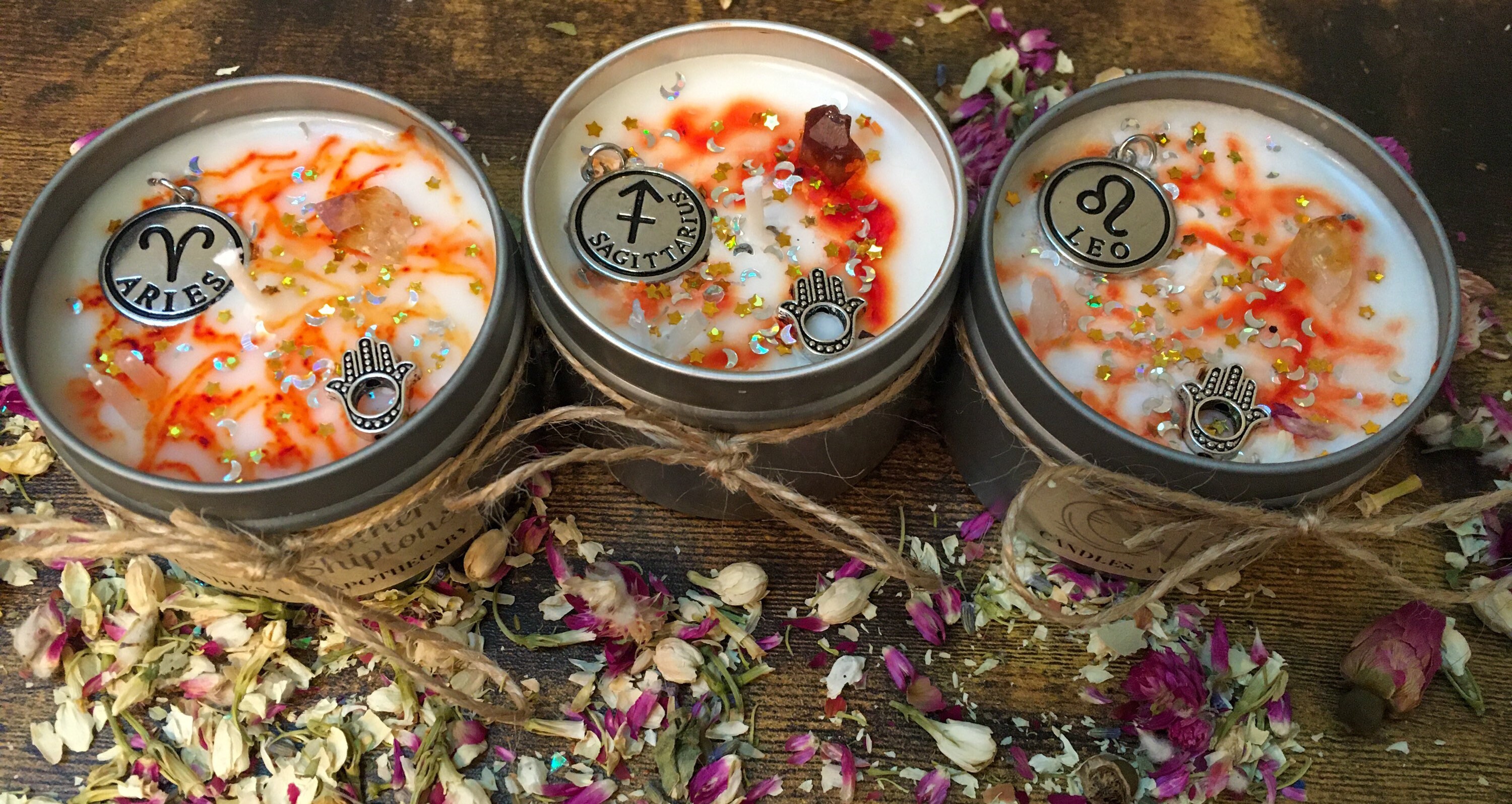 Zodiac candles, fire signs, Sagittarius, Leo & Aries, Sandalwood, ros…