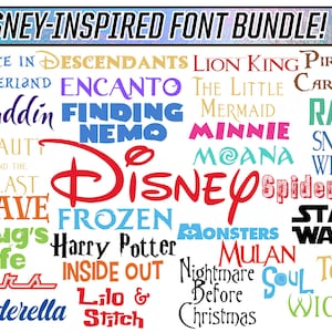 Puede incluir: Una colección digital de fuentes inspiradas en Disney que presenta varios títulos de películas, incluidos Alicia en el país de las maravillas, Encanto, El Rey León, Piratas del Caribe, Aladdin, Buscando a Nemo, La Sirenita, Minnie, Moana, Raya, Blancanieves, La Bella y la Bestia, Disney, Spiderman, Brave, Frozen, Monstruos, Star Wars, Bichos, Harry Potter, Mulan, Del revés, Pesadilla antes de Navidad, Soul, Enredados, Cars, Lilo y Stitch, Cenicienta y Wicked.