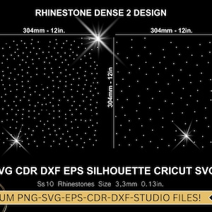 May include: A digital design file titled RHINESTONE DENSE 2 DESIGN featuring two square patterns of white dots on a black background. Each square measures 12 inches by 12 inches. Text includes SVG CDR DXF EPS SILHOUETTE CRICUT SVG and Ss10 Rhinestones Size 0.13in.