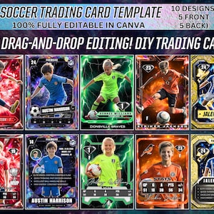 May include: A digital football trading card template featuring 10 editable designs, including 5 front and 5 back layouts. The graphic displays various youth football players in action, with text overlays stating Soccer Trading Card Template and Canva.