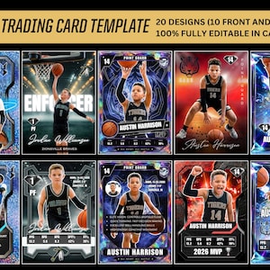 May include: A trading card template with 20 designs, featuring basketball players in action. The cards showcase players with their names, team details, and stats. The text "Trading Card Template" and "100% Fully Editable in Canva" are visible.