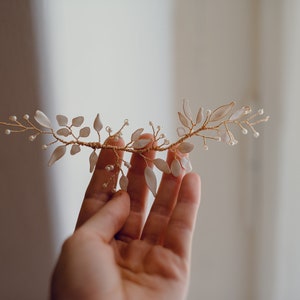 golden hair branch white leaves, hair clip jewel accessories comb flower leaves branches bride wedding tiara crown image 3