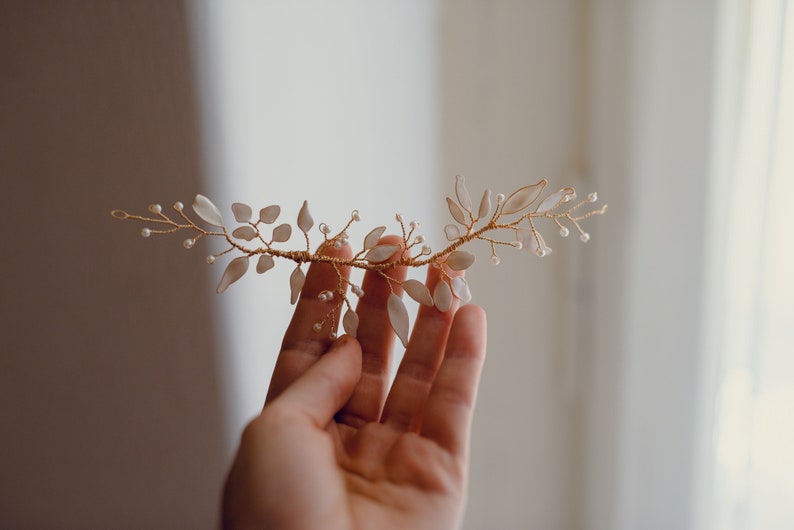 golden hair branch white leaves, hair clip jewel accessories comb flower leaves branches bride wedding tiara crown image 3