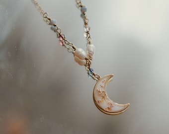 necklace chain raw brass hypoallergenic nickel-free lead-free resin white flower real moon pearl river colored beads botanical