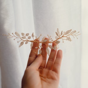 golden hair branch white leaves, hair clip jewel accessories comb flower leaves branches bride wedding tiara crown image 2