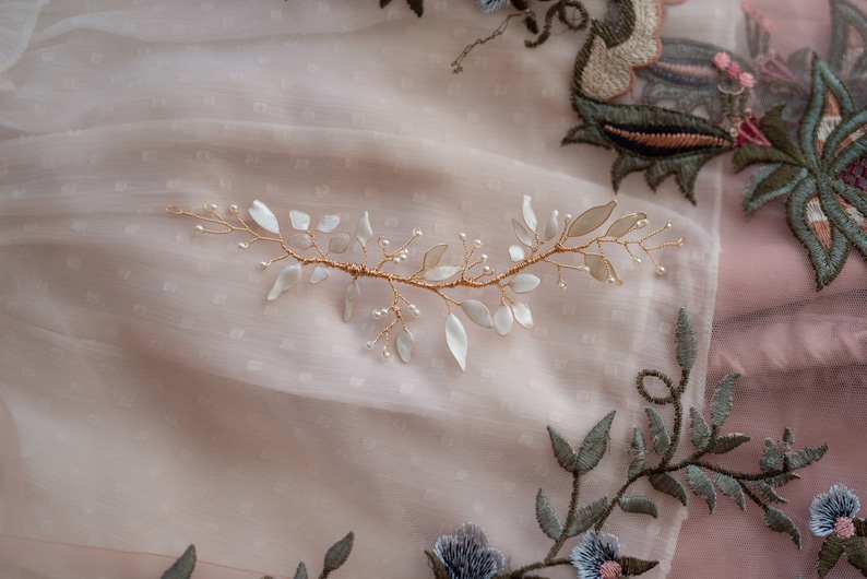 golden hair branch white leaves, hair clip jewel accessories comb flower leaves branches bride wedding tiara crown image 5