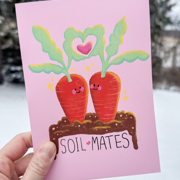 Funny Valentines Day Card "Soil Mates" Carrots in a Garden, Cute Valentine's Day Card for Gardener or Farmer, Vegetables Valentines Card