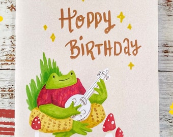 Frog Happy Birthday card , Cute Happy Birthday Card, Hippie Birthday Card, Cute Frog Birthday Card , Cottagecore Birthday Card