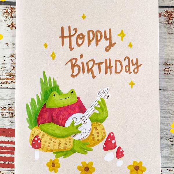 Frog Happy Birthday card , Cute Happy Birthday Card, Hippie Birthday Card, Cute Frog Birthday Card , Cottagecore Birthday Card