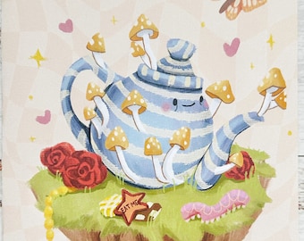 Alice in Wonderland Birthday card , Tea Lover Birthday Card, Mushroom Birthday Card, Tea Party Birthday Card, Trippy Birthday Card