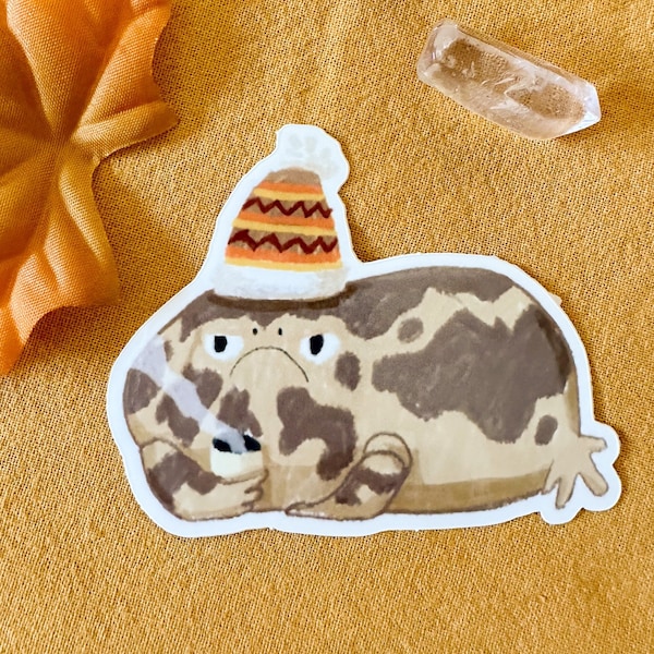 Desert Rain Frog Sticker with Coffee and Fall Hat, Cute Vinyl Sticker for Water Bottle or Laptop, Waterproof Funny Cute Sticker