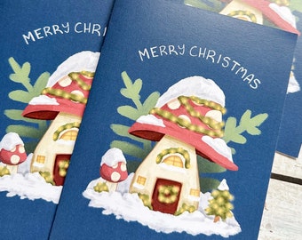 Set of 5 Christmas Cards - Snowy Mushroom Christmas Cards - Cute Cottagecore Christmas Card Multipack