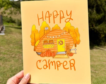 Fall Art Print "Happy Camper" Autumn Wall Art with Fall Leaves and Pumpkins, Fall Decor, Camper Decor, Autumn Decor, 8x10 print