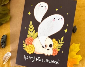 Cute Happy Halloween Card, Halloween Blank Card, Cute Skull Roses and Ghost Art, Witchy Blank Card, Witchy Greeting Card,