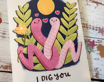 Funny Valentine's Day Card "I Dig You" Worms, Cute Valentines Card for Gardener, Farmer, Valentines Day card for Her, Him, Friend or Child