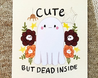 Ghost mini print "Cute but dead inside", Halloween wall art, Fall decor, Halloween decor, Witchy art, Cute ghost art print, Goth decor