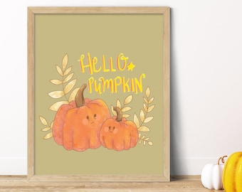 Fall Art Print,"Hello Pumpkin" Autumn art print 8x10, Halloween wall art print, Cute Fall decor, Boho Pumpkin decor