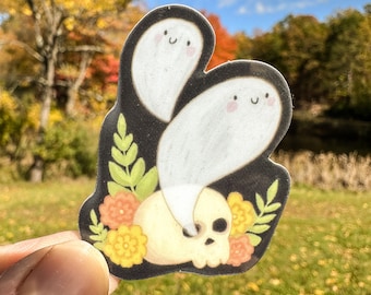 Cute Ghost Vinyl Sticker - Ghosts Skull and Flowers Glow in the Dark Mini Sticker, Halloween Sticker, Spooky Season Sticker