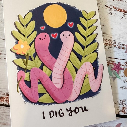 Funny Valentine's Day Card "I Dig You" Worms, Cute Valentines Card for Gardener, Farmer, Valentines Day card for Her, Him, Friend or Child