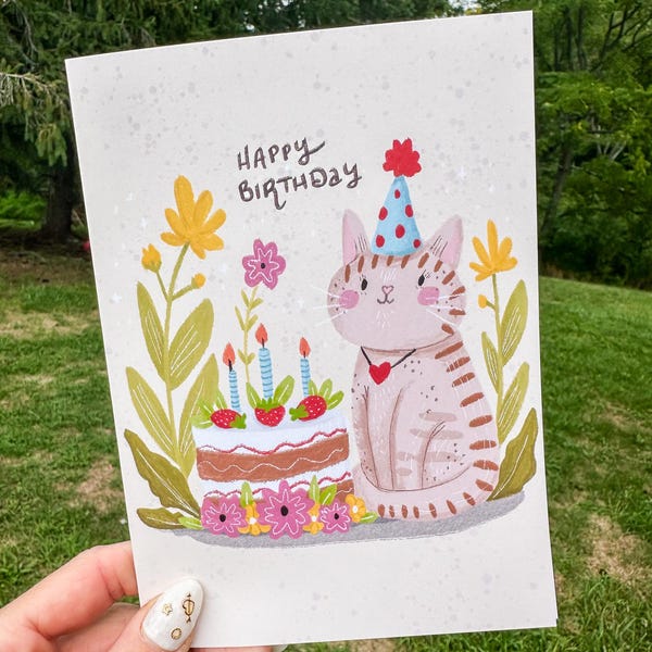Cat Happy Birthday Card, Hand Drawn Birthday Card, Cute Kitten Birthday Card, Birthday Card for Her, Birthday Card for Child, Daughter