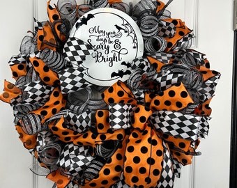 Black White Orange Polka Dots Halloween Front Door Decor, Batty Halloween Wreath