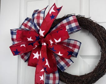 Handmade Patriotic Star Plaid Bow Rustic Americana Wreath Accent