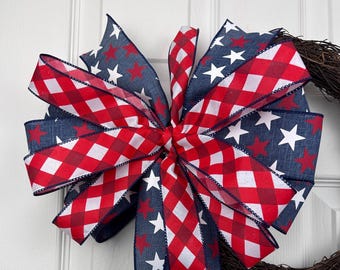 Handmade Patriotic Stars and Gingham Bow – Rustic Americana Wreath Accent – 4th of July Decor