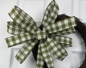 Handmade Green Gingham Bow – Farmhouse Everyday Wreath Accent –