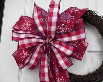 Handmade Red Fireworks and Gingham Bow – Patriotic Wreath Accent – 4th of July, Memorial Day Decor