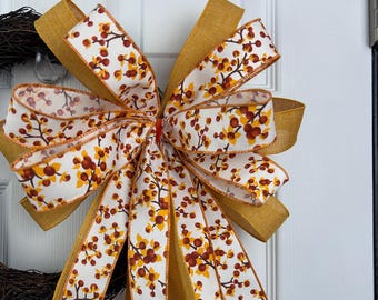 Handmade Fall Bow for Home Decor – Autumn Berry and Mustard Ribbon – Ready to Display