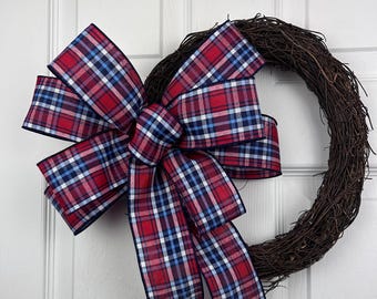 Handmade Patriotic Plaid Bow – Rustic Americana Wreath Accent – Farmhouse Decor