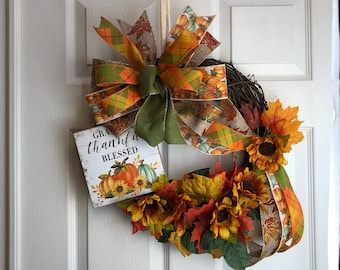 Pumpkin Sunflower Wreath: Handmade Falll Grapevine Door Decor