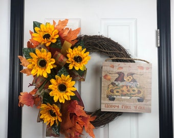 Fall Gnome Sunflower Wreath: Handmade Autumn Harvest Door Decor