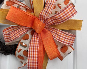Handmade Pumpkin Pie Fall Bow – Autumn Orange Gingham & Mustard Decor – Ready to Display
