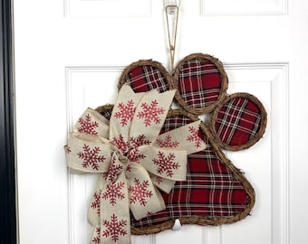 Christmas Paw Print Wreath | Plaid Dog Door Decor with Snowflake Bow | Rustic Pet Lover Holiday Front Door Decoration