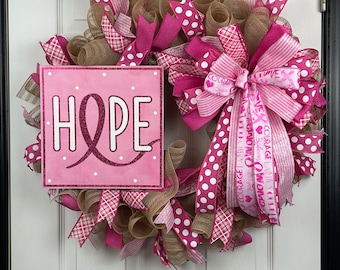 Cancer Awareness Front Door Wreath, Hope Wreath, Pink Ribbon Wreath