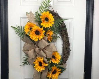 Sunflower Grapevine Wreath | Oval Fall Door Wreath | Autumn Leaves and Floral Decor | Rustic Yellow and Orange | Handmade