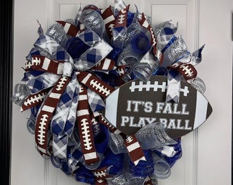 Fall Football Wreath: Blue, Silver & White Plaid-Handmade Door Decor