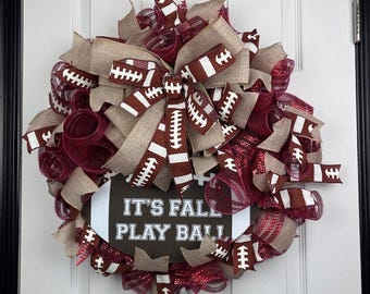 Fall Football Wreath | It's Fall Play Ball Door Decor | Rustic Mesh Wreath with Burlap and Burgundy | Autumn Sports Front Door