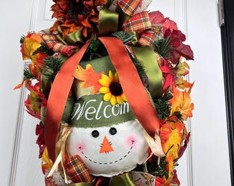 Handmade Fall Scarecrow Door Swag: Sunflowers & Plaid